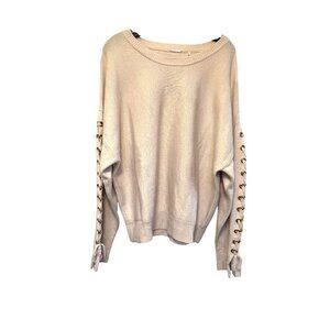 Elie Tahari Wool & Cashmere Chalk Pullover Sweater Gold Grommet Lace-Up Sleeves
